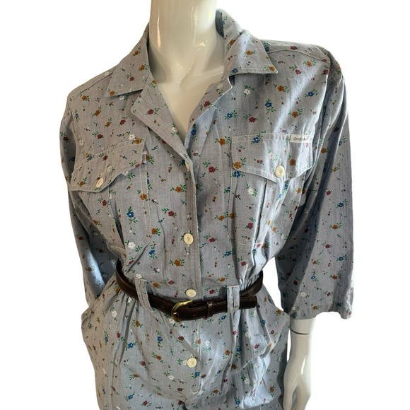 VTG 70s Dreams Floral Denim-Look Jumpsuit Belted Collared One-Piece Sz M Cotton - Picture 1 of 12